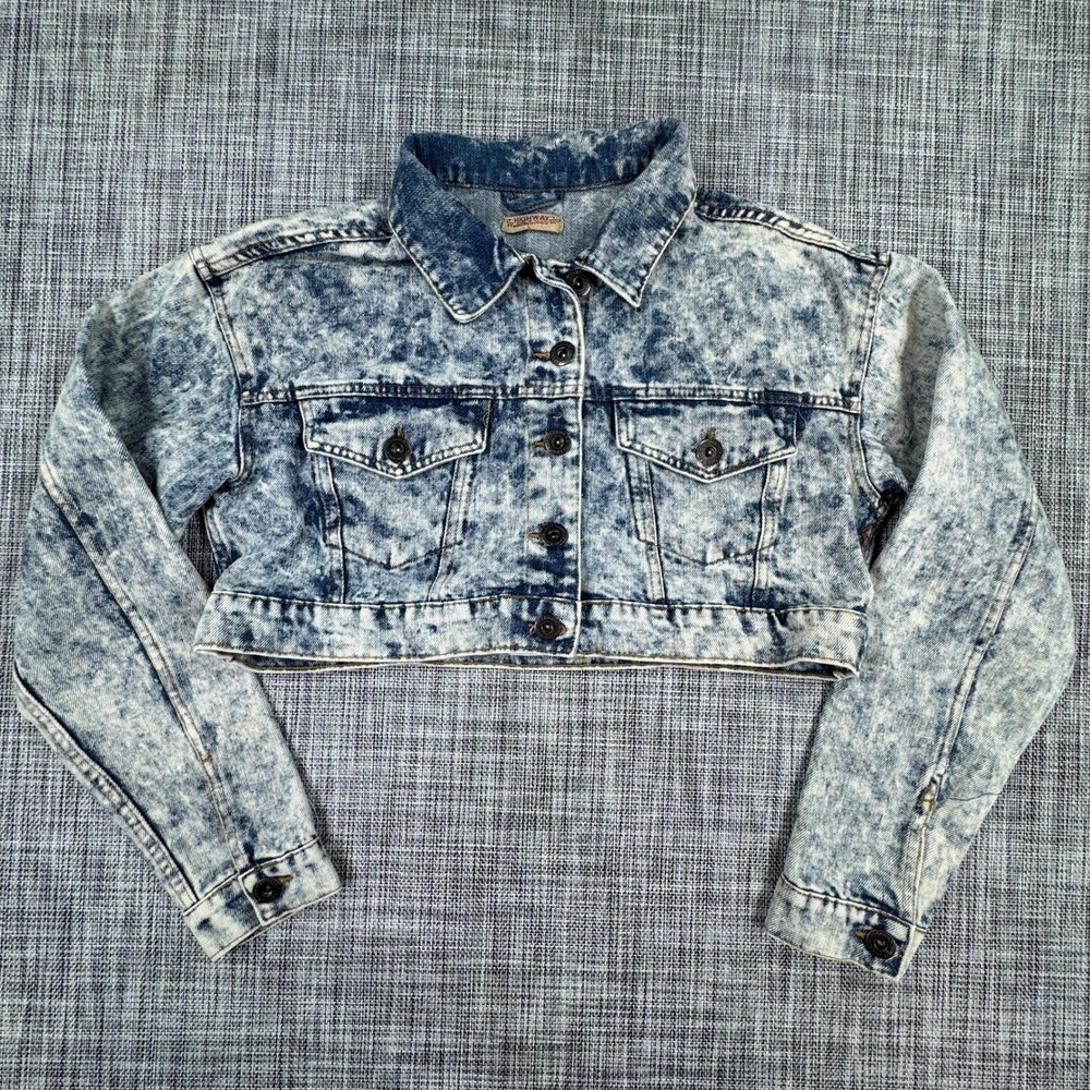 Highway Womens Cropped Denim Jacket Large Acid Wash Button Front Long Sleeve